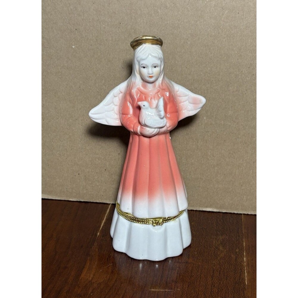 Vintage Standing Angel Porcelain Trinket Box 6.5” Tall